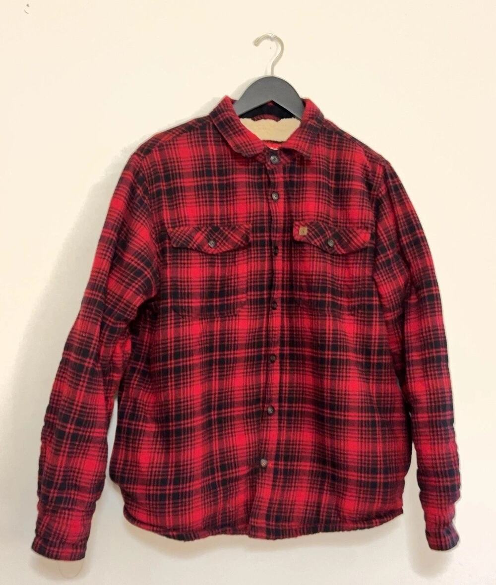 Coleman Shirt Jacket Mens Medium Red Plaid Sherpa Lined Flannel Shacket